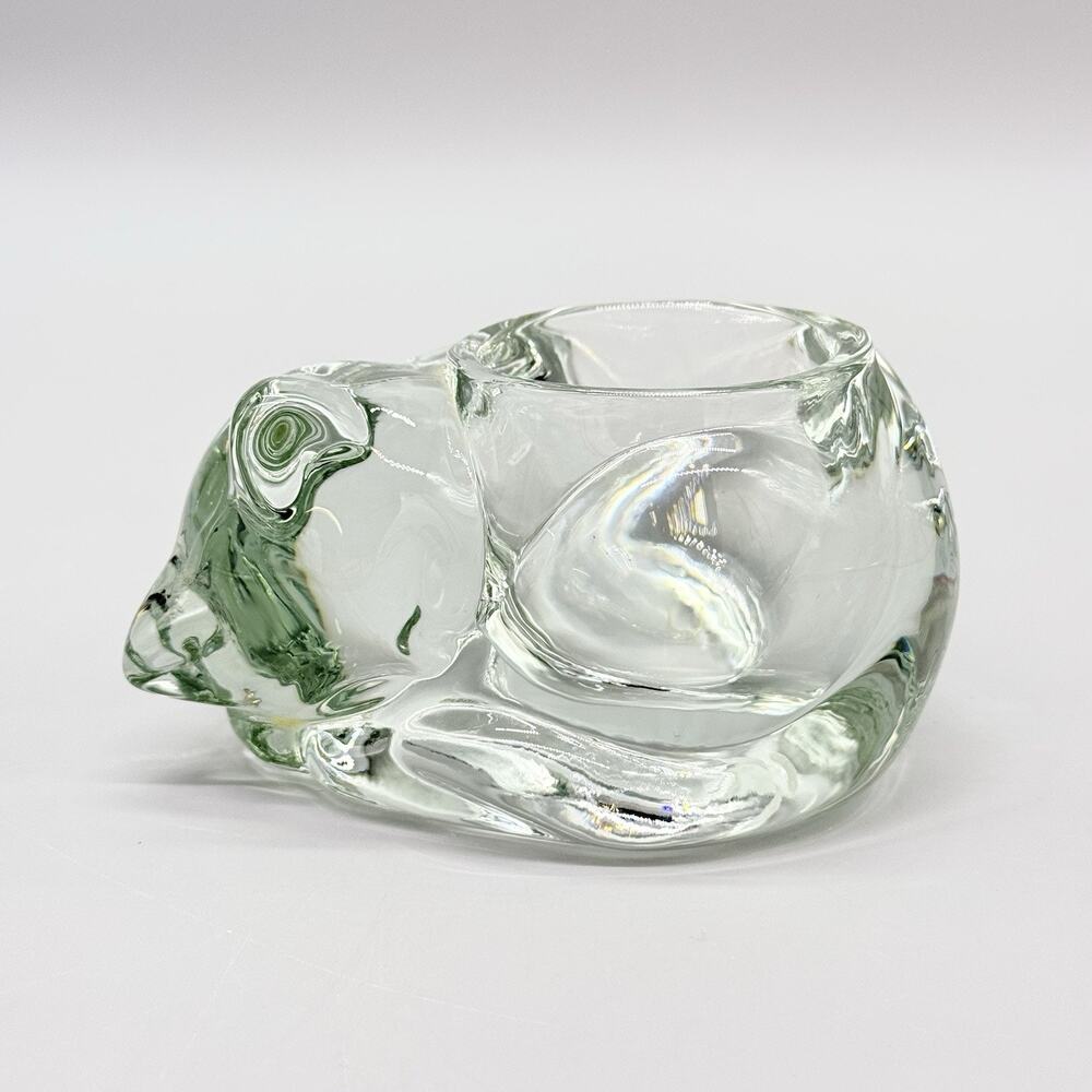 Vintage Indiana Glass Sleeping Cat Kitten Clear Votive Candle Holder